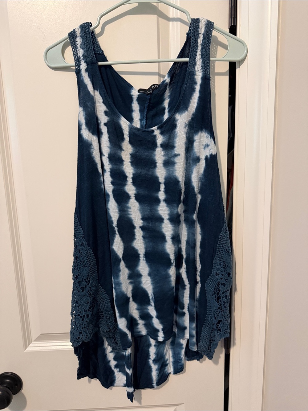 RXB size Large Boho Tie-Dye Crochet-Trim Tank Tunic Top Navy Super Soft!